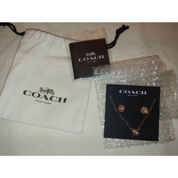 Coach Women's Signature Tea Rose Set Necklace & Earrings Rose Gold Tone - Picture 1 of 10